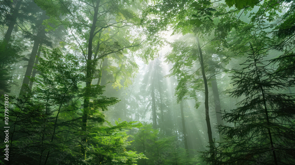 Misty morning sky over a dense forest, the soft sunlight filtering through the trees, creating an ethereal scene Misty morning sky over a dense forest, the soft sunlight filtering through the trees, creating an ethereal scene