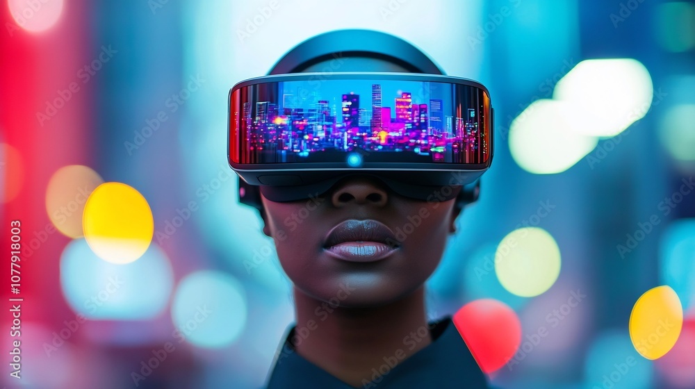 AI powered virtual reality headset displaying digital data overlays and information in a futuristic brightly illuminated cityscape at night Cyberpunk inspired technology and innovation concept AI powered virtual reality headset displaying digital data overlays and information in a futuristic brightly illuminated cityscape at night Cyberpunk inspired technology and innovation concept
