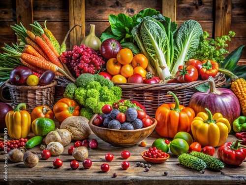 A Vibrant Assortment of Fresh Fruits and Vegetables Artfully Arranged for Healthy Eating Campaigns and Culinary Magazines Featuring Colorful Produce Under Natural Light