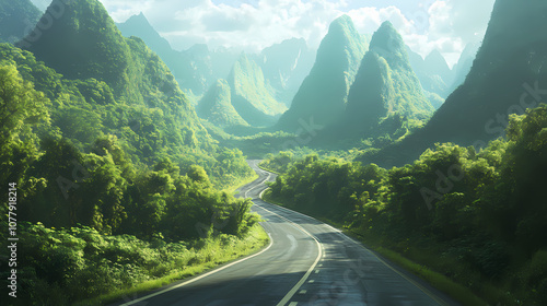 Scenic road trip through lush green landscapes of china generative ai. Cinematic. Illustration