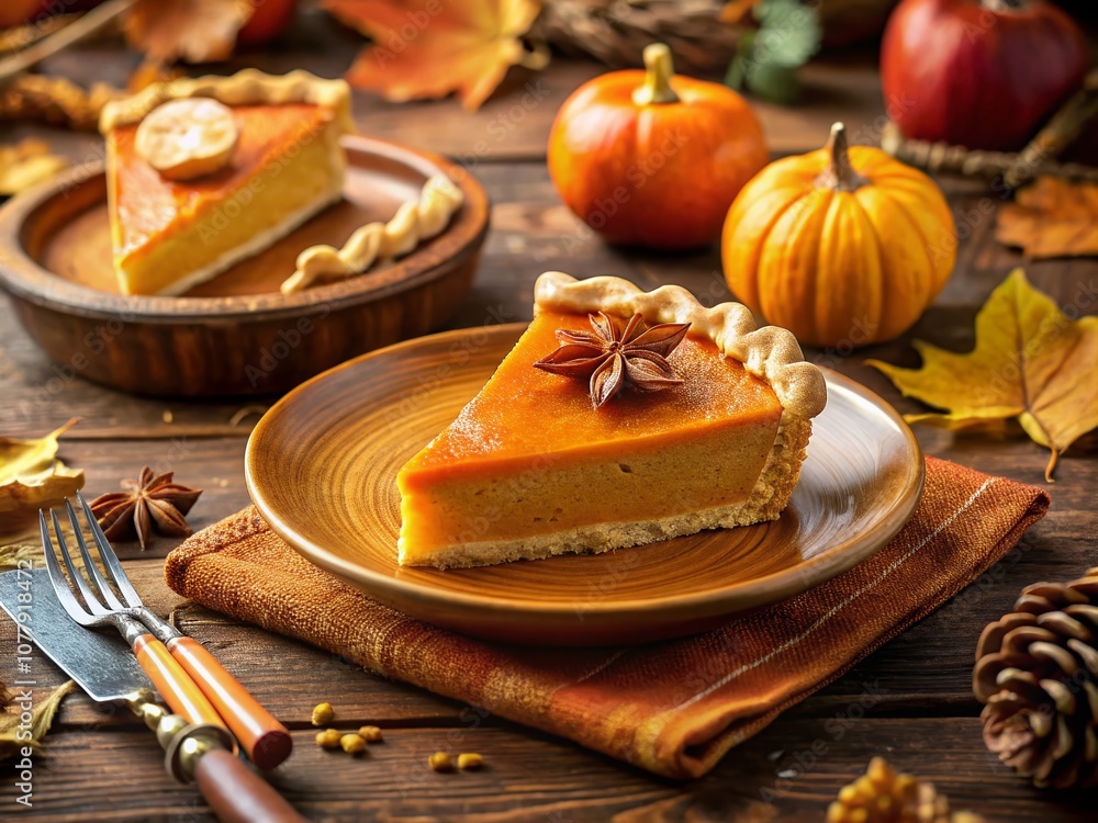 A Warm Slice of Pumpkin Pie with Creamy Filling and Flaky Crust on a Rustic Plate Surrounded by Autumn Leaves and Warm Lighting for Cozy Seasonal Vibes A Warm Slice of Pumpkin Pie with Creamy Filling and Flaky Crust on a Rustic Plate Surrounded by Autumn Leaves and Warm Lighting for Cozy Seasonal Vibes
