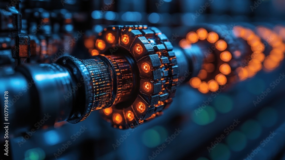Close-up of a futuristic mechanical component with glowing elements. Close-up of a futuristic mechanical component with glowing elements.