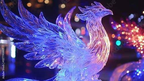 Breathtaking 3D of an ice carving of a majestic phoenix bird illuminated with vibrant colorful lights at the Sapporo Snow Festival in Japan photo