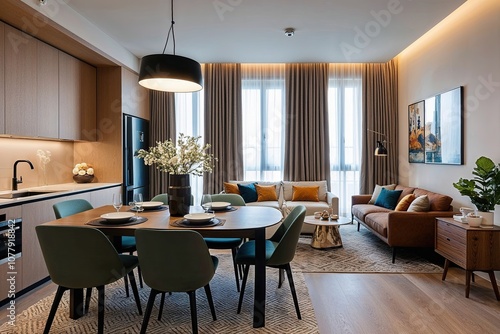 Wallpaper Mural Contemporary Apartment Interior Design Featuring Elegant Dining Room Table and Chairs in a Cozy Living Area Torontodigital.ca