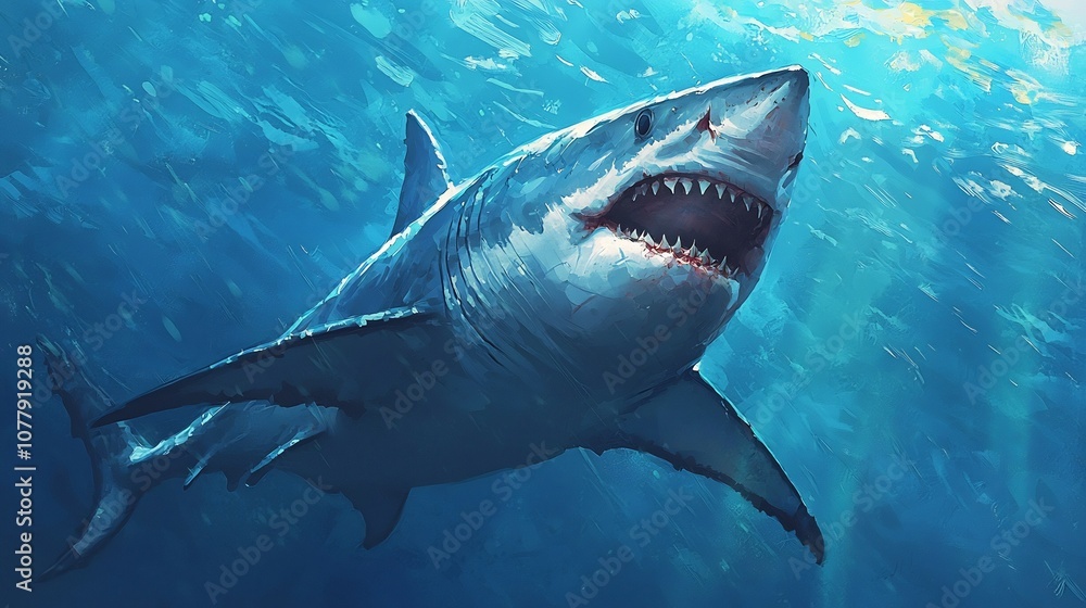 Fototapeta premium A depiction of a fearsome shark swimming through the vibrant blue ocean depths its powerful body and razor sharp teeth on full display as it surveys its domain