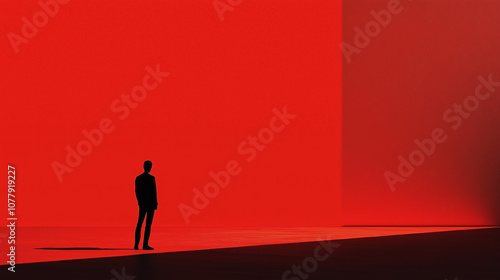 Silhouette of a person standing in a vast red room with bright light on the left side. Ideal for dramatic and artistic visuals.