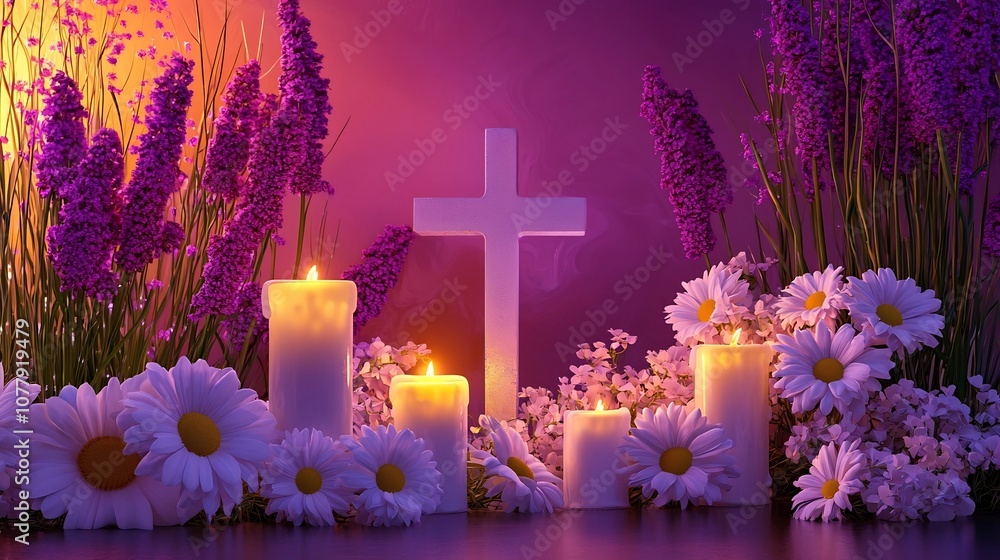 Candlelit Easter Vigil Service with Flowers and Cross Symbols 3D A serene and sacred scene depicting a religious ceremony with glowing candles symbolic cross and delicate floral arrangements Candlelit Easter Vigil Service with Flowers and Cross Symbols 3D A serene and sacred scene depicting a religious ceremony with glowing candles symbolic cross and delicate floral arrangements