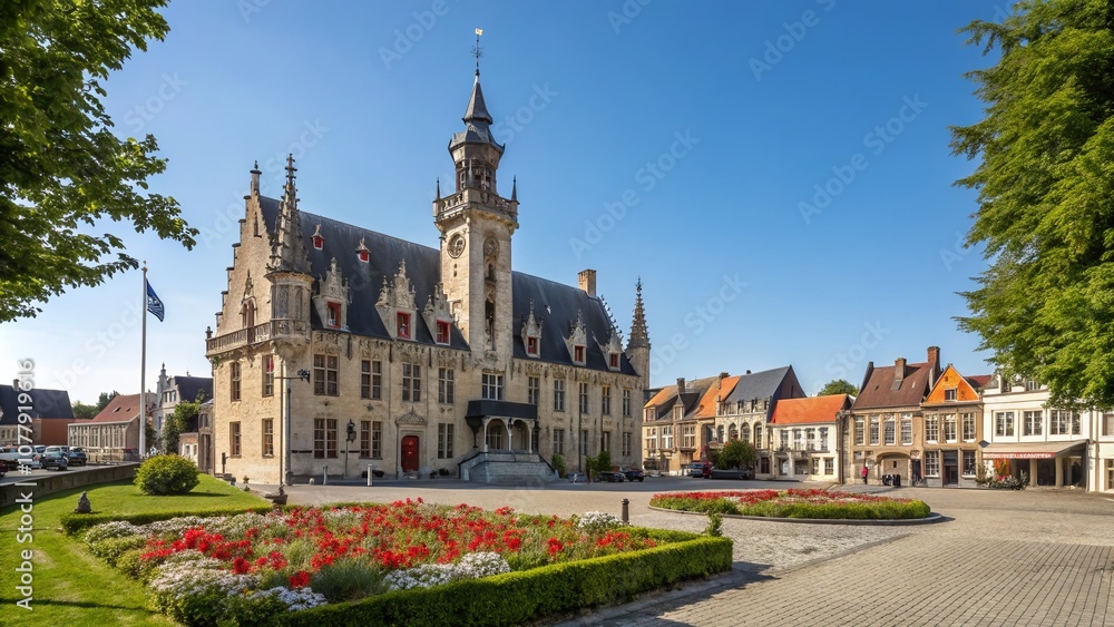 Fototapeta premium Beautiful Town Hall and Main Square in the Historic Town of Damme, Belgium, Showcasing Classic Architecture and Lush Greenery in a Serene Atmosphere