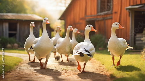 A group of white geese walking together along a gravel path in a quaint farmyard. The geese have elegant, elongated necks and bright orange beaks.