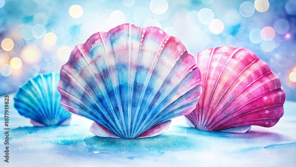 Fototapeta premium Beautiful Watercolor Paintings of Pink and Blue Scallops on White Background for Event Decoration and Design Inspiration