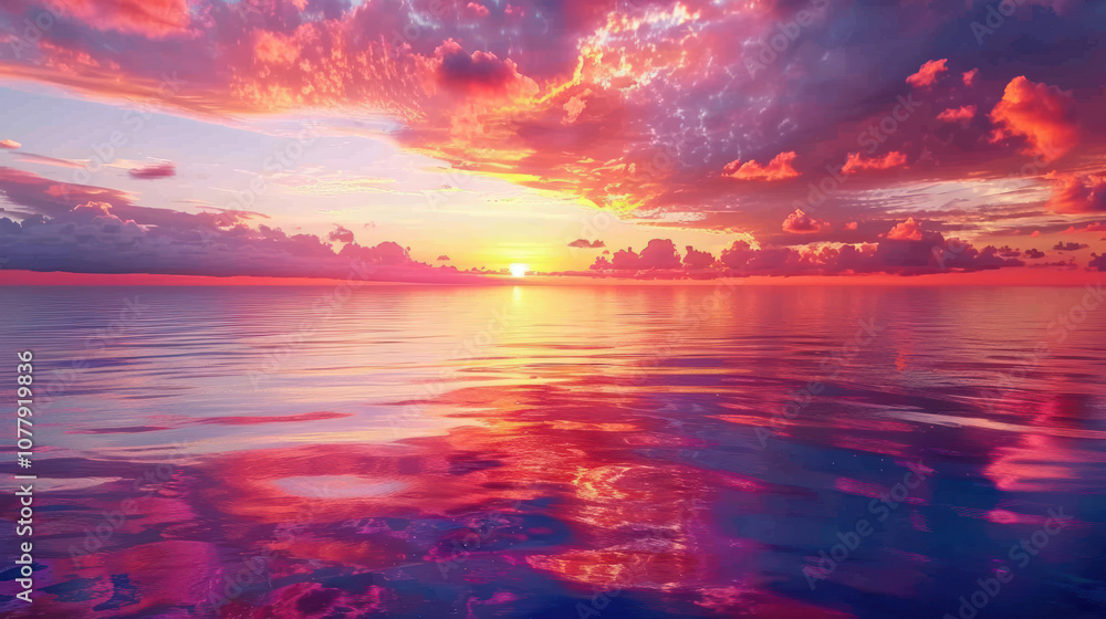 Panoramic sunset sky with vibrant reds, oranges, and purples blending into the horizon, the colors reflecting on the calm sea Panoramic sunset sky with vibrant reds, oranges, and purples blending into the horizon, the colors reflecting on the calm sea