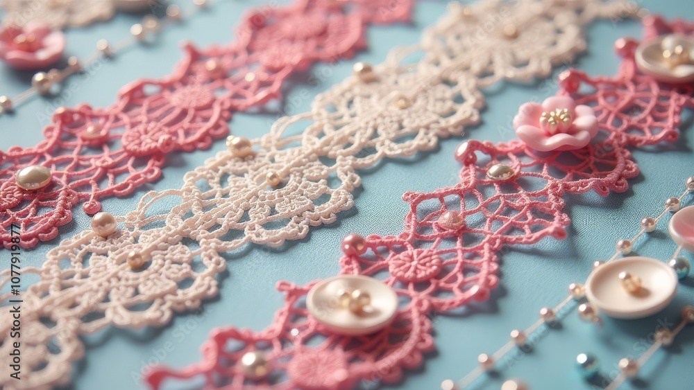 A close up of buttons and lace with a pink background A close up of buttons and lace with a pink background