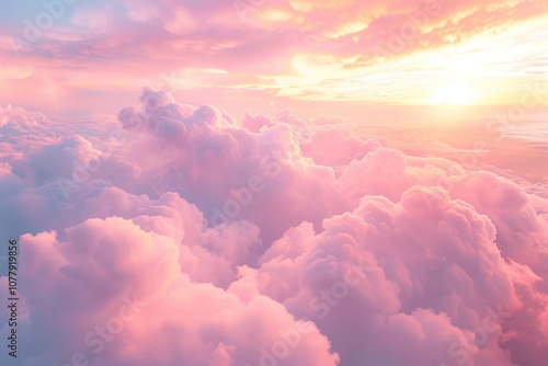 Puffy clouds glowing in shades of pink and orange as the sun rises, casting a soft light across the horizon.