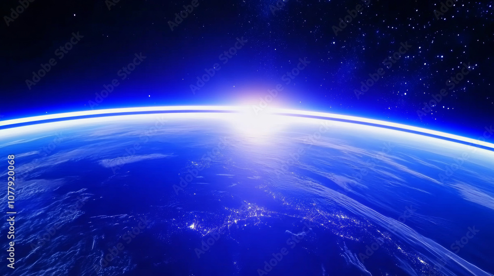 Fototapeta premium Earth in space universe planet with shiny star dark blue technology science background with copy space. astronomy starry sky shimmering glow wallpaper