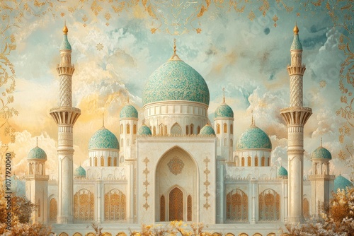 A Detailed Painting of a Grand Mosque with Golden Accents photo