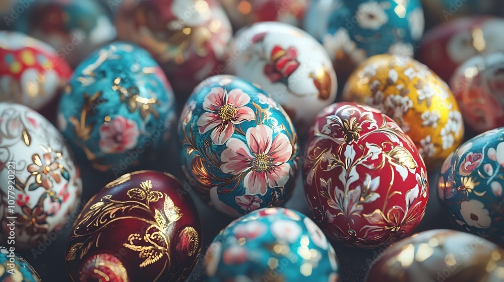 Close up of beautifully painted Easter eggs with intricate designs and spring flowers Colorful handmade for holiday and tradition Close up of beautifully painted Easter eggs with intricate designs and spring flowers Colorful handmade for holiday and tradition