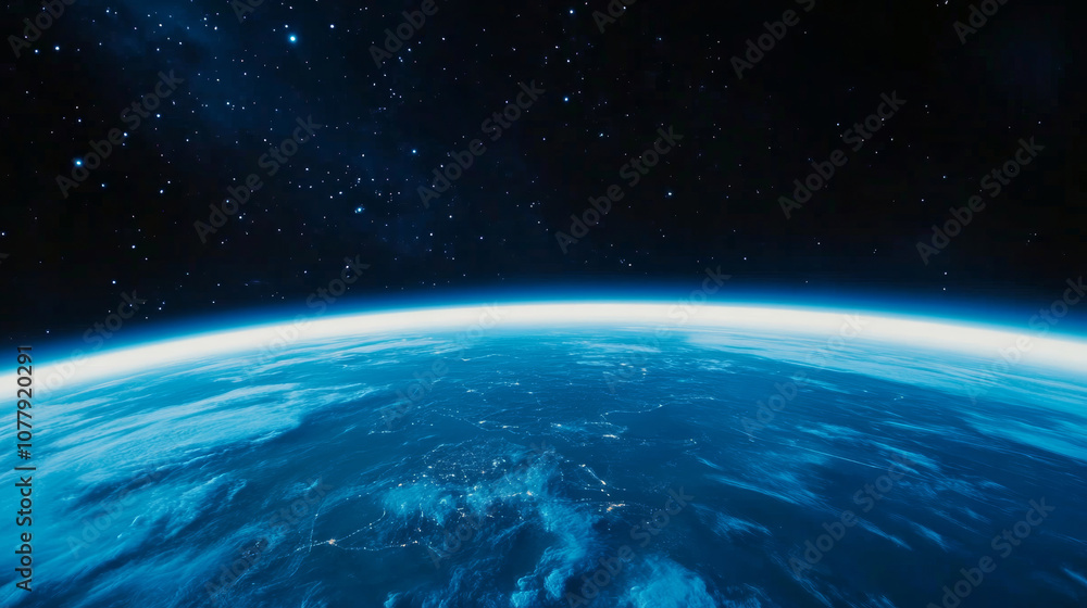 Fototapeta premium Earth in space universe planet with shiny star dark blue technology science background with copy space. astronomy starry sky shimmering glow wallpaper