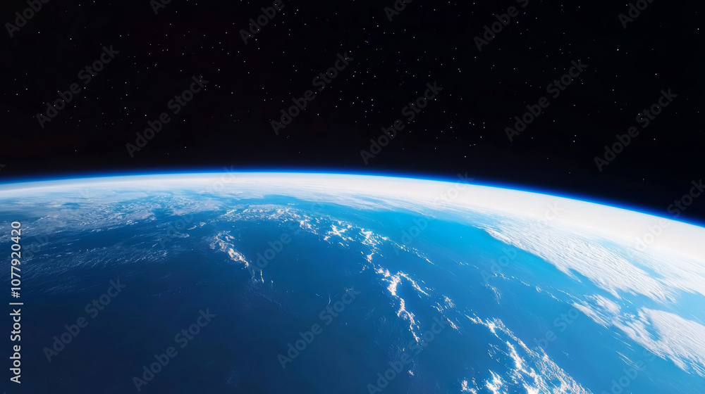 Obraz premium Earth in space universe planet with shiny star dark blue technology science background with copy space. astronomy starry sky shimmering glow wallpaper