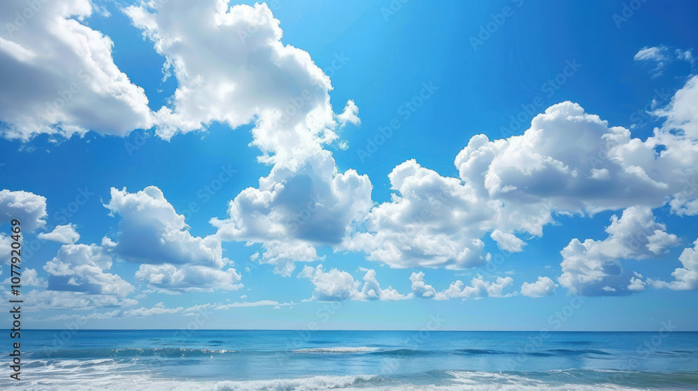 Puffy white clouds dotting a bright blue sky above the ocean, the waves gently rolling toward the shore Puffy white clouds dotting a bright blue sky above the ocean, the waves gently rolling toward the shore