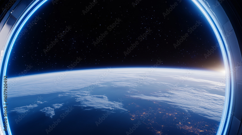 Fototapeta premium Earth in space universe planet with shiny star dark blue technology science background with copy space. astronomy starry sky shimmering glow wallpaper