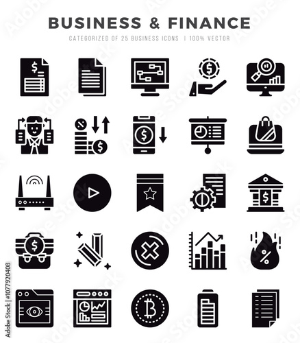 Set of 25 Business & Finance Glyph Icons Pack.