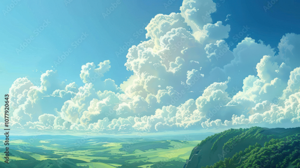 Puffy white clouds floating gently across a clear blue sky, casting soft shadows over a green valley below Puffy white clouds floating gently across a clear blue sky, casting soft shadows over a green valley below