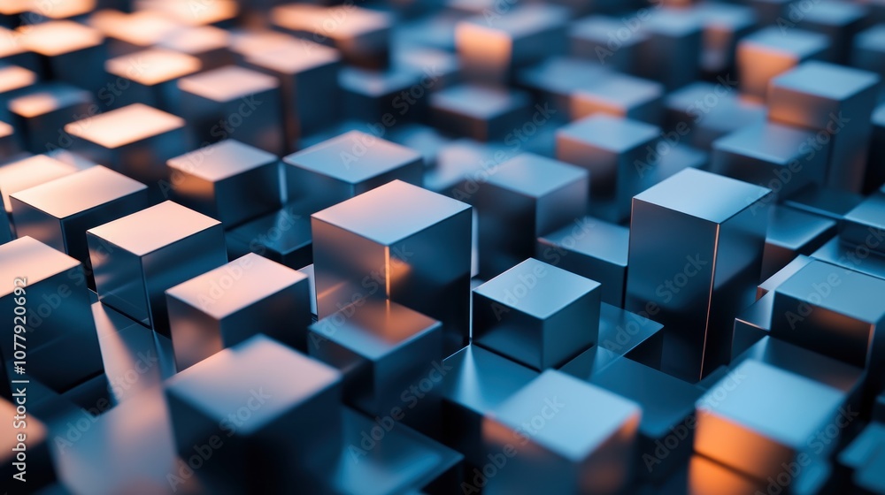 A close-up of metallic cubes with varying heights and reflective surfaces, creating a dynamic pattern. A close-up of metallic cubes with varying heights and reflective surfaces, creating a dynamic pattern.