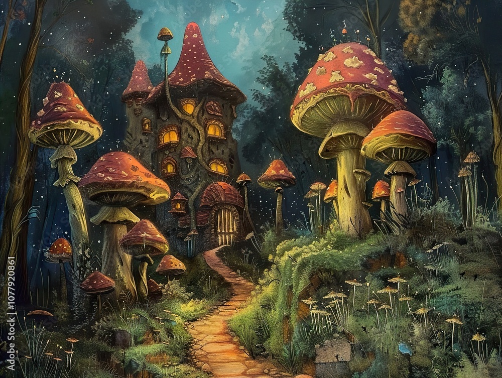 Fototapeta premium Enchanted Forest House: A Magical Mushroom Home in a Glowing Night Landscape