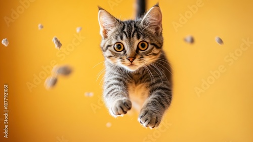 A playful kitten leaps through the air, capturing a moment of joy against a vibrant background.