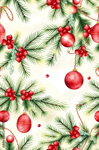 Christmas seamless pattern from spruce branches festive tinsel and new year's toysgenerative ai christmas backdrop Illustration Watercolor painting art style 