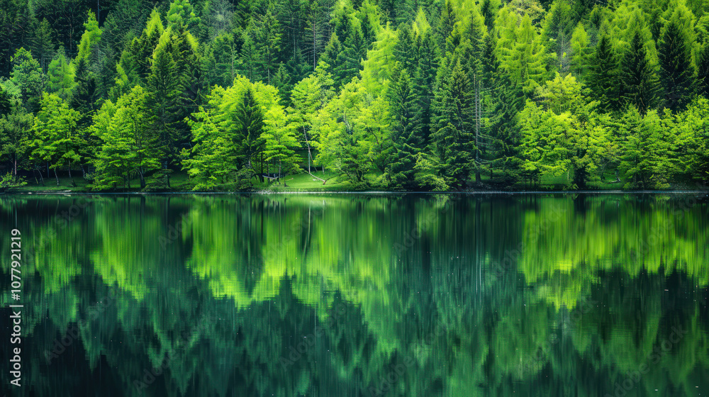 Serene lake with a thick forest lining the shoreline, the water reflecting the vibrant green trees in a perfect mirror image Serene lake with a thick forest lining the shoreline, the water reflecting the vibrant green trees in a perfect mirror image