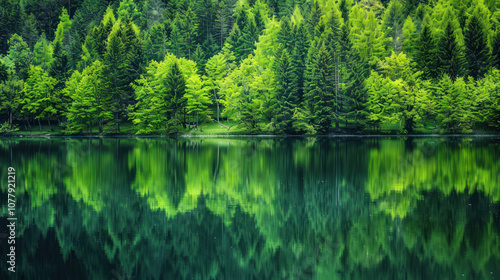 Serene lake with a thick forest lining the shoreline, the water reflecting the vibrant green trees in a perfect mirror image