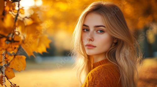 Young woman with long hair in a cozy sweater among autumn leaves during golden hour