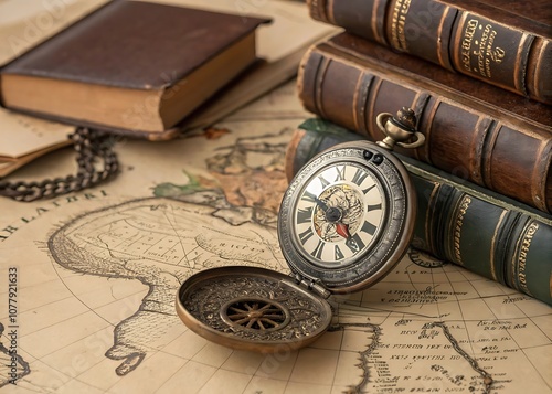 pocket watch clock on ancient map background with old books