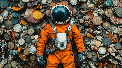 Aquanaut in an orange dive suit and helmet exploring the seabed scattered with treasures old coins and various artifacts in a and colorful underwater landscape