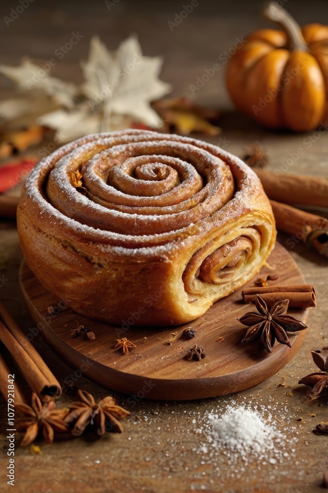 Cinnamon roll with powdered sugar on top Cinnamon roll with powdered sugar on top