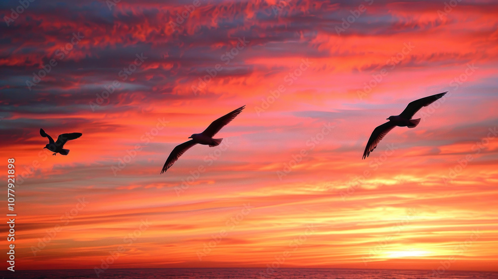 Fototapeta premium Silhouettes of birds flying across a vibrant sunrise, the sky painted in rich colors of orange and pink.