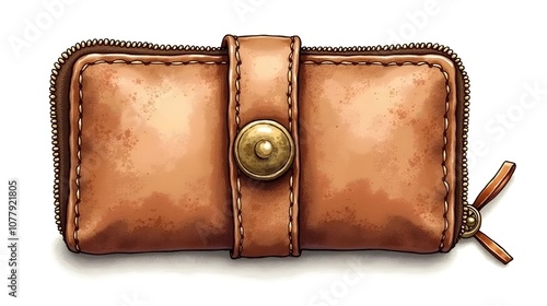 Old vintage leather wallet with zipper and brass copper snap fastener button. Watercolor hand drawn illustration of isolated object. Design for tourism, travel, brochure, retro fashion shop boutique photo