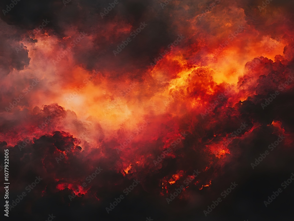 Billowing red and orange smoke clouds against a pitch-black background, creating a dramatic and abstract effect with intense contrast. Billowing red and orange smoke clouds against a pitch-black background, creating a dramatic and abstract effect with intense contrast.