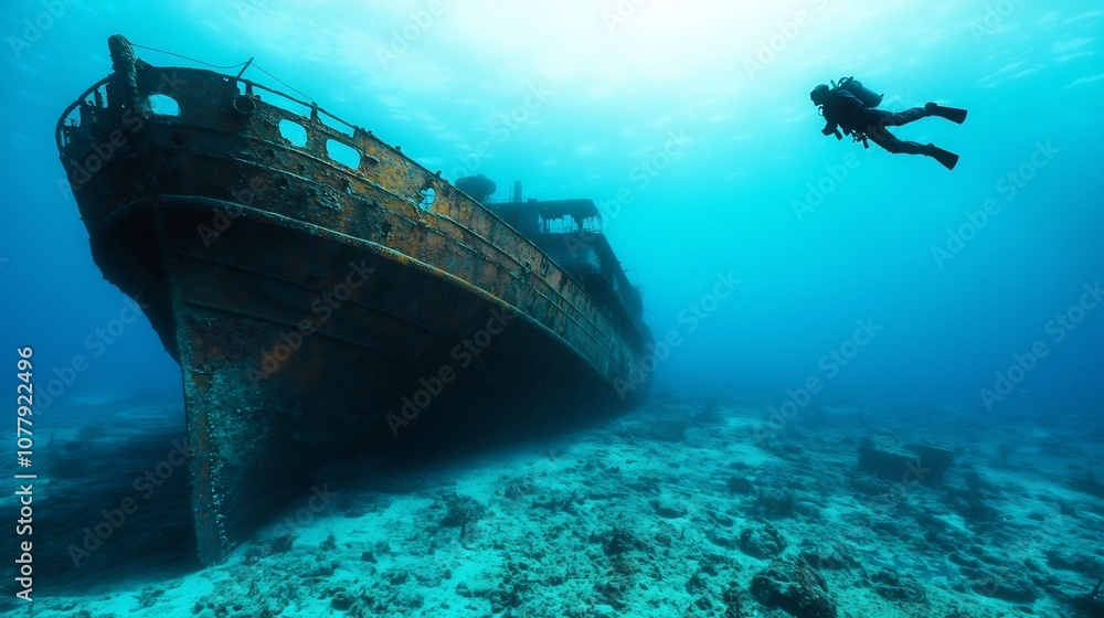 Fototapeta premium Aquanaut swimming near a rusted submerged shipwreck in the ocean with textures and muted aquamarine colors of the seabed and coral reef surrounding the wreckage