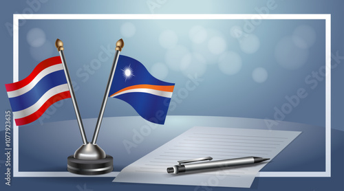 Thailand and Marshall Islands National flags on small table with bokeh background, cooperative relationship