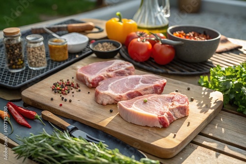 Candid Photography of Juicy Pork Chops Prepared for the Grill Surrounded by Fresh Ingredients and Seasonings in a Sunny Outdoor Kitchen Setting