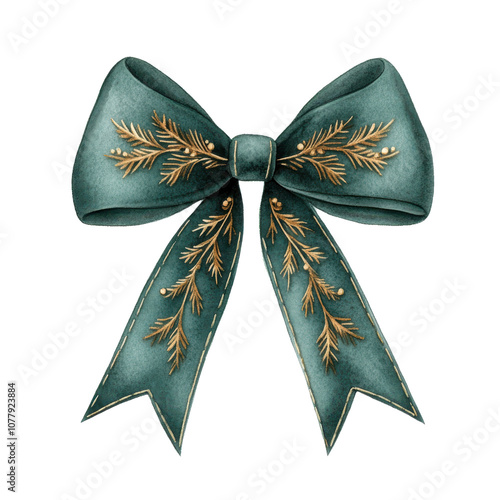 beautiful ornate Christmas bow in Victorian style, featuring intricate gold detailing on teal background, perfect for festive decorations