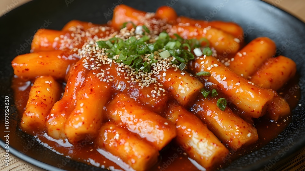 A serving of tteokbokki, chewy rice cakes cooked in a spicy gochujang sauce, often topped with fish cakes.
A serving of tteokbokki, chewy rice cakes cooked in a spicy gochujang sauce, often topped with fish cakes.