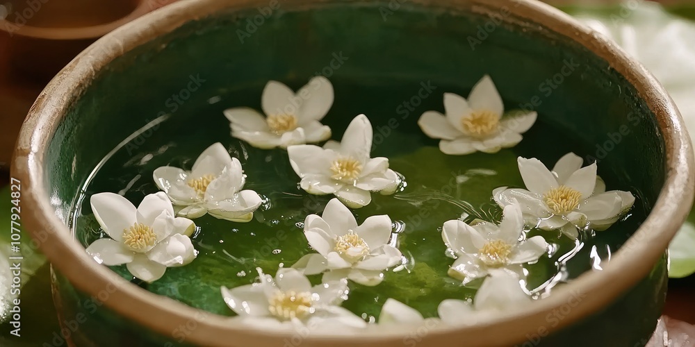 A serene bowl of water with floating white flowers, evoking tranquility and nature. A serene bowl of water with floating white flowers, evoking tranquility and nature.