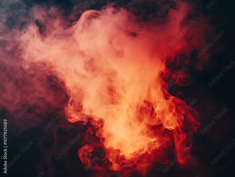 Billowing red and orange smoke clouds against a pitch-black background, creating a dramatic and abstract effect with intense contrast. Billowing red and orange smoke clouds against a pitch-black background, creating a dramatic and abstract effect with intense contrast.