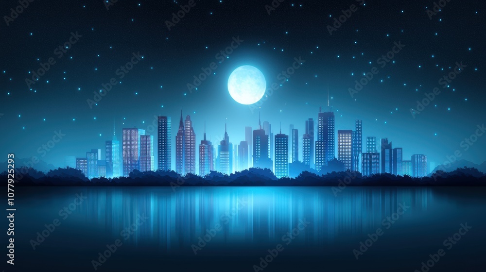 Fototapeta premium A panoramic view of a city skyline illuminated at night, with skyscrapers glowing against the dark sky.