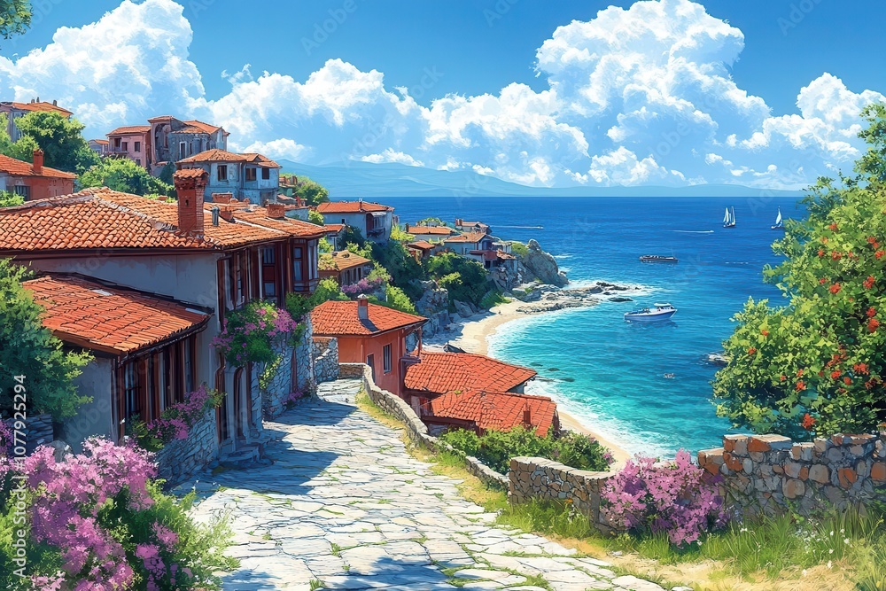 photorealistic depiction of sozopol bulgaria showcasing its picturesque coastal architecture and vibrant colors under a clear blue sky embodying summer vibes