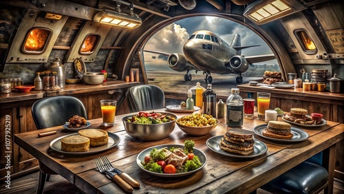 Captivating B-17 Interior Food Photography: A Culinary Journey Through Vintage Aircraft Dining Experience with Authentic Meals and Nostalgic Ambiance photo