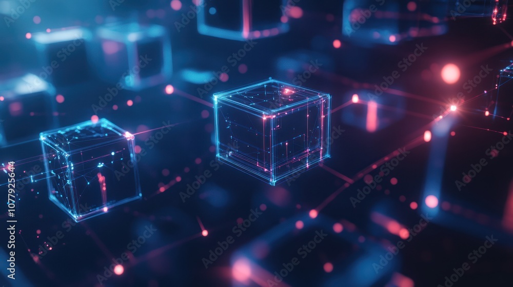 Fototapeta premium Abstract digital cubes connected by glowing lines in a futuristic network.